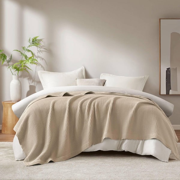 Madison Park Waffle Weave Khaki Cotton Twin Woven Blanket