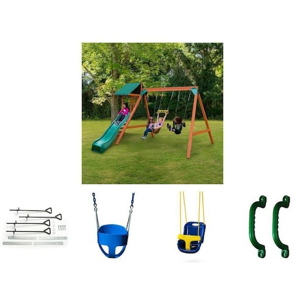 Blue Infant & Full-Bucket Swings, DIY Ranger Plus Playground Set, Green Handles & Anchor Kit