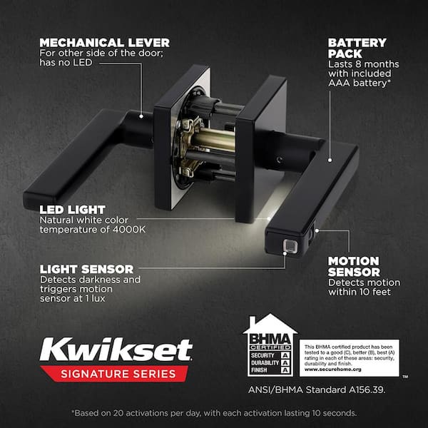 Kwikset Halifax Square Matte Black Hall/Closet LED Door Handle