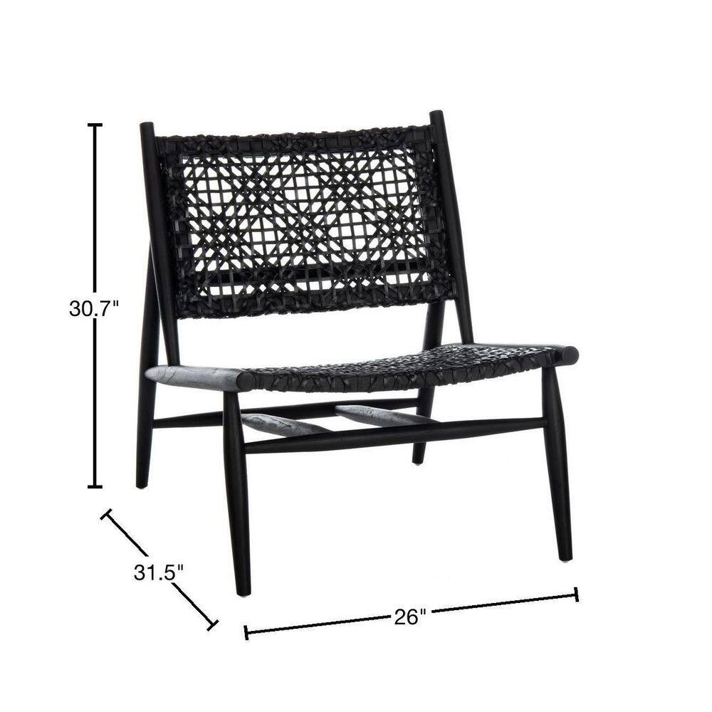 Transitional Black Leather and Wood 26'' Accent Chair