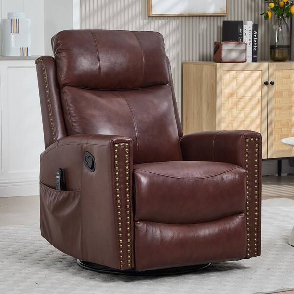 aisword Wine Red Genuine Leather Manual Swivel Recliner Rocker