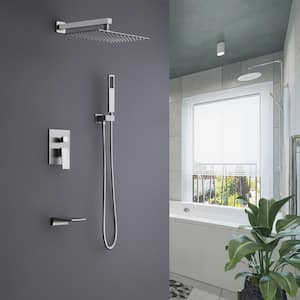 2-Spray 12 in. Square Rain Shower Head with Hand Shower and Waterfall Tub Faucet in Brushed Nickel (Valve Included)