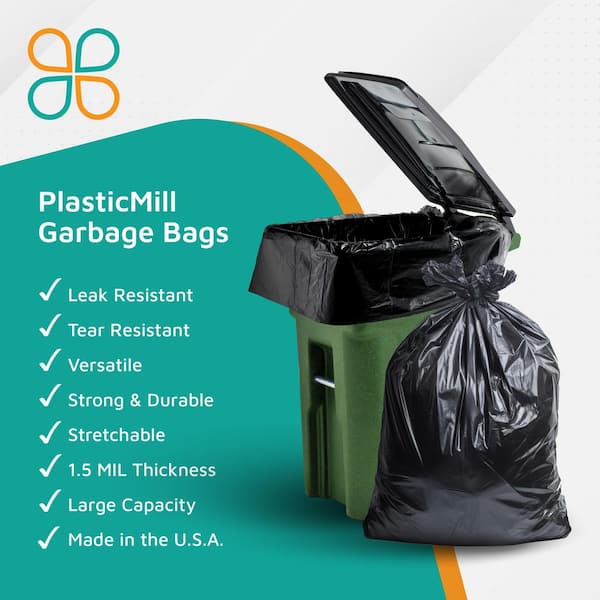 PlasticMill - 61 in. W x 68 in. H. 95 Gal. 1.5 mil Black Trash Bags (10-Count)