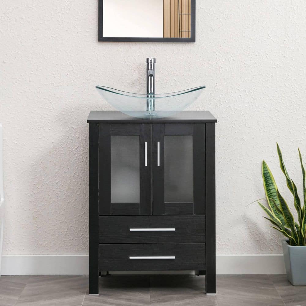24 in. W x 20 in. D Single Sink Bath Vanity in Black with Clear Oval Glass Vessel Sink Top with Faucet Set price history on PriceWatchPro