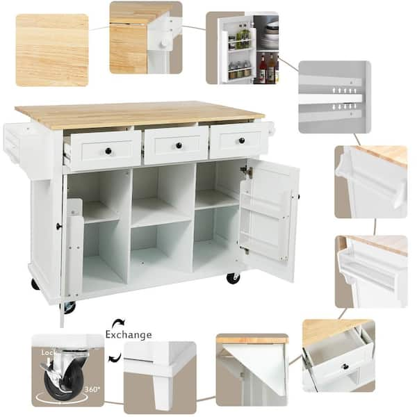 ARTCHIRLY Brown Solid Wood Top 53.1 in. White Kitchen Island with Drop Leaf, Cabinet Door Internal Storage Racks and 3-Drawers