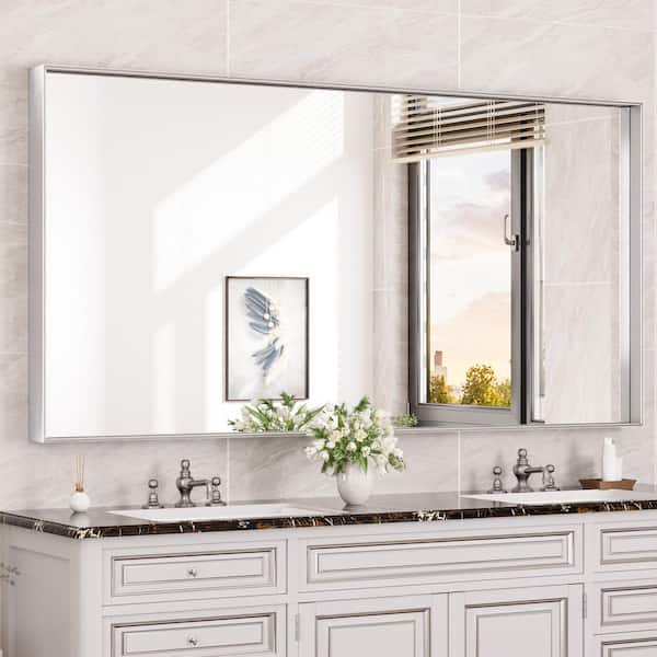 KeonJinn 72 in. W x 36 in. H Rectangular Framed Aluminum Square Corner Wall Mount Bathroom Vanity Mirror in Brushed Silver