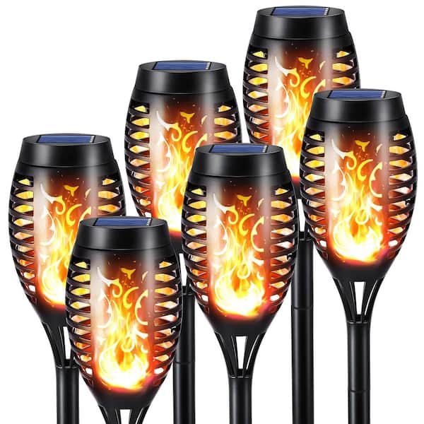 6-Pack Black Plastic Solar Flickering Flame Torch Lights, Waterproof Landscape Lighting for Garden, Lawn, Yard Decor