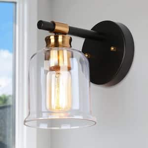 Modern Black Wall Sconce 1-Light Bathroom Powder Room Vanity Light with Plated Brass Accents and Bell Clear Glass Shade