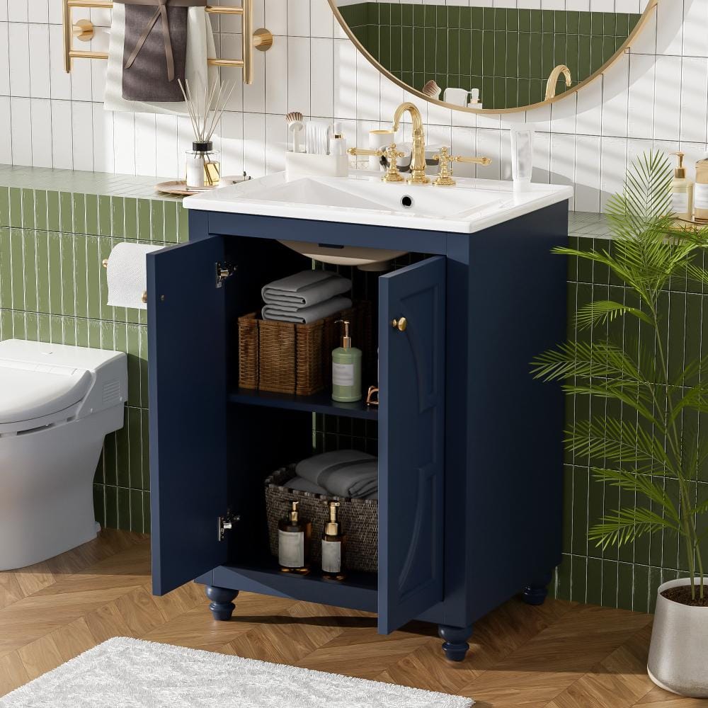 24 in.Blue Freestanding Bathroom Vanity with Ceramic Single Sink,2 Soft Closing Doors,Ball-Turned Legs price history on PriceWatchPro