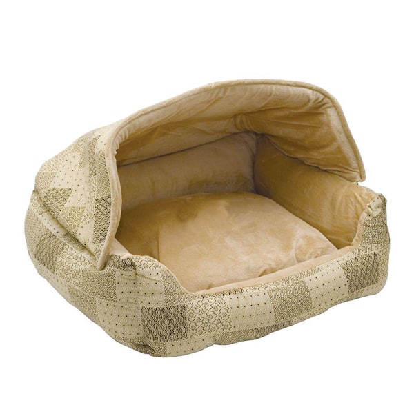K&H Pet Products Lounge Sleeper Medium Tan Patchwork Hooded Snuggle Pet Bed