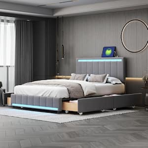 Gray Wood Frame Full Size Upholstered Platform Bed with 4-Drawer, LED Lights. Adjustable Headboard, Sockets, USB Ports