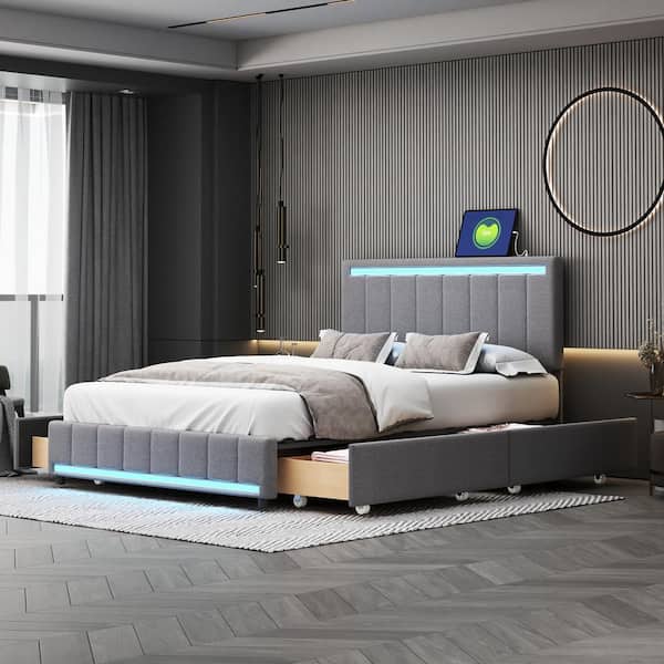 Harper & Bright Designs Gray Wood Frame Full Size Upholstered Platform Bed with 4-Drawer, LED Lights. Adjustable Headboard, Sockets, USB Ports