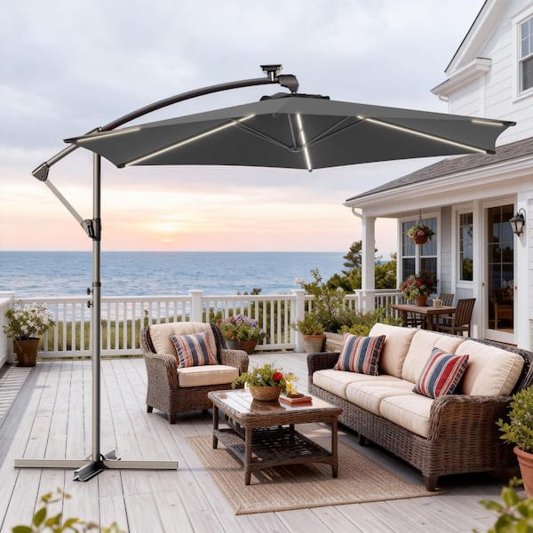 home depot offset patio umbrella Sunnydaze 10-Foot Solar with Lights, Cherry forward 10 ft 10 ft. Metal Pole Cantilever