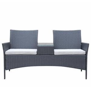 Black Wicker Outdoor Loveseat with Beige Cushion and Build-in Coffee Table
