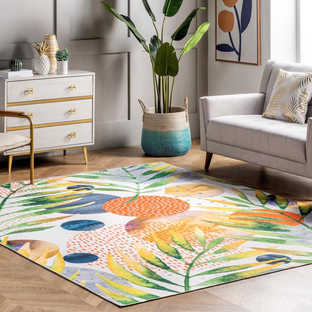 Amelia Multicolor Tropical Washable Rectangular Area Rug, 5' x 8'