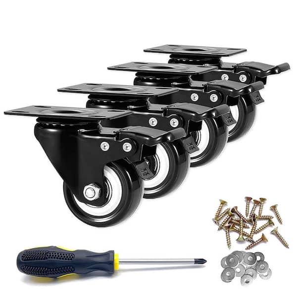 4-Pack 2 in. Black TPR Rubber Zinc Plated Steel Swivel Locking Plate Caster Wheels with Dual Brake 600 lb. Load