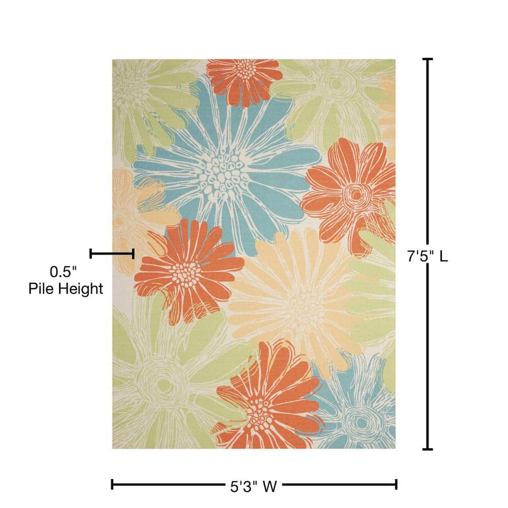 Ivory Floral Synthetic 5'3" x 7'5" Indoor/Outdoor Easy Care Rug