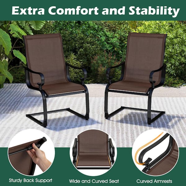 Black Frame C-Spring Motion Metal Outdoor Dining Chair Set in Dark Brown Set of 2