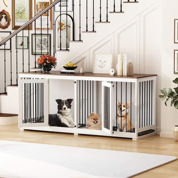 WIAWG XL Dog Crate Furniture for 2 Dogs, Large Wooden Dog Kennel with 3 Drawers, Indoor Wooden Double Dog Cage with Dividers, White