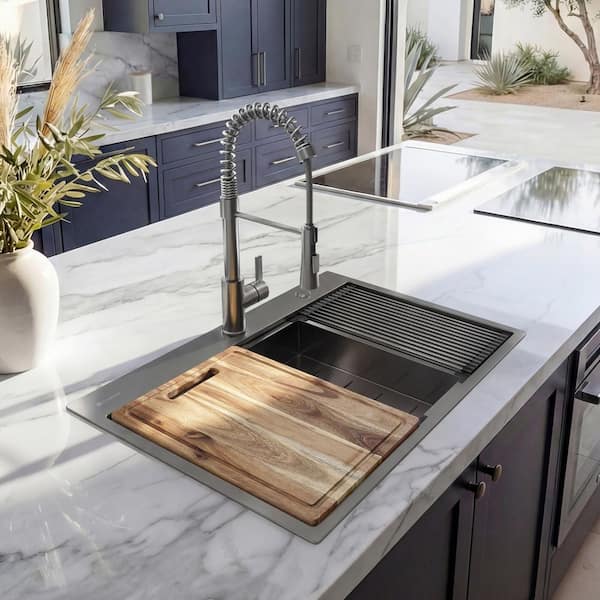 27 in. Drop-In Single Bowl 18 Gauge Gunmetal Black Stainless Steel Workstation Kitchen Sink