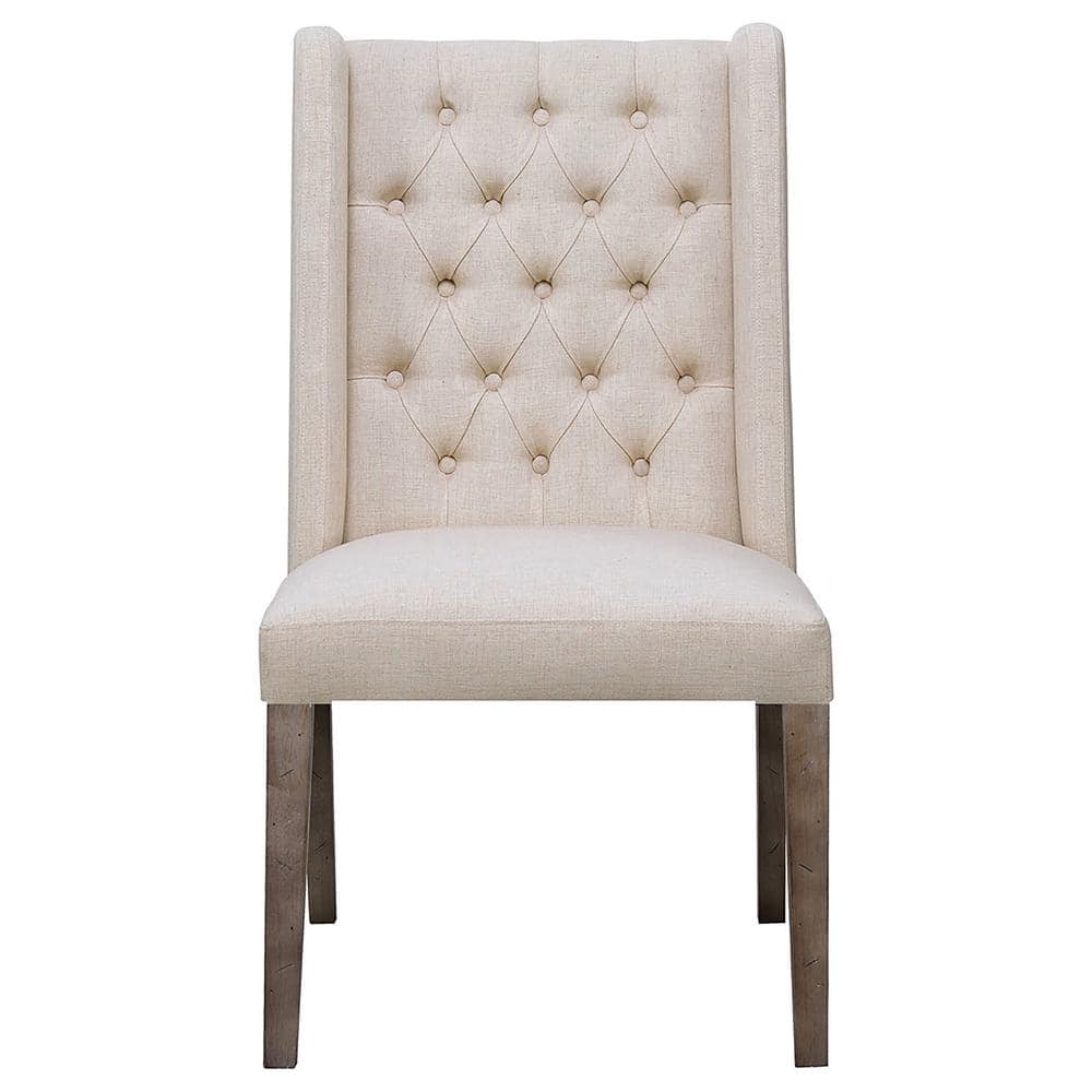 Beige Tufted Parsons Side Chair with Wood Accents, Set of 2