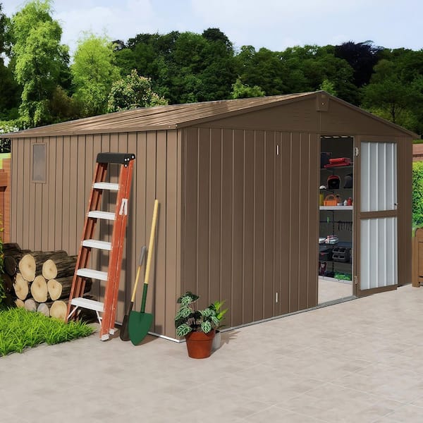 11 ft. W x 9 ft. D Outdoor Metal Shed Tool Storage with Galvanized Steel Frame, Windows, Lockable Door Brown(99 sq. ft.)