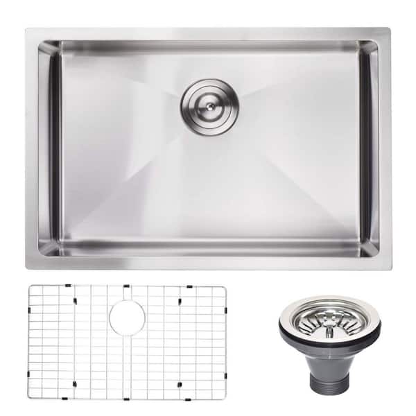 JimsMaison Brushed Nickel Stainless Steel 27 in. Single Bowl Undermount Kitchen Sink with Bottom Grid