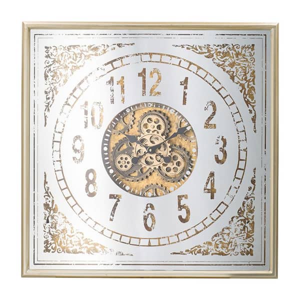 Benjara White and Brown Analog Plastic Decorative Gear Design Wall Clock