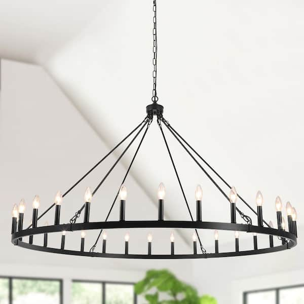 Vyolette 30 - Light 60 in. Matte Black Oversized Modern Farmhouse Candle Wagon Wheel Chandelier for Living Room