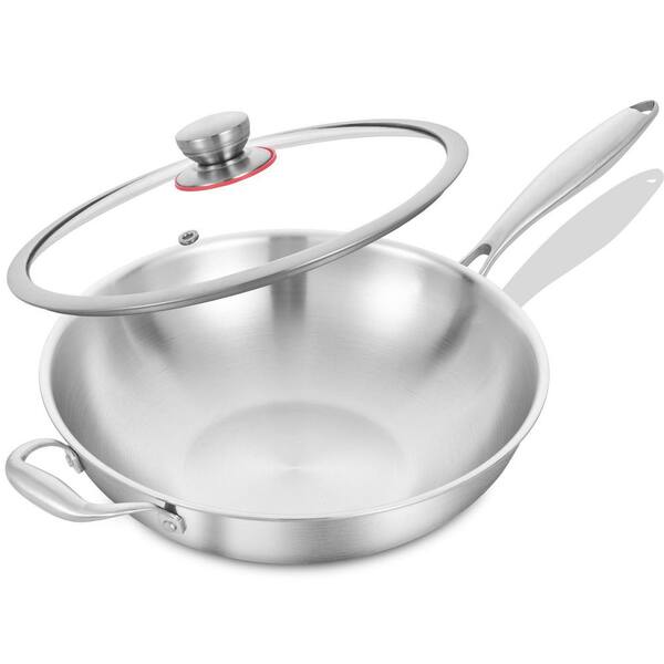 12-Inch Tri-Ply Clad Stainless Steel Wok Pan with Lid Silver Food Grade Starburst Surface Induction Compatible Set