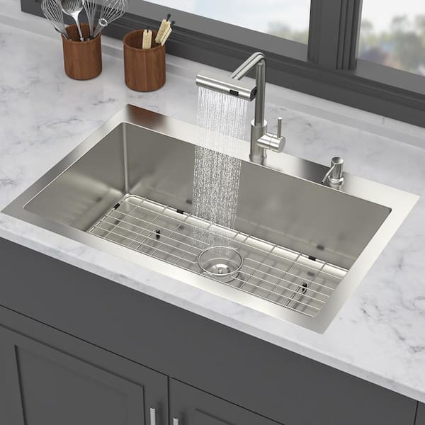 33 in. Drop-In Single Bowl 16 Gauge Brushed Nickel Stainless Steel Kitchen Sink with Faucet and Bottom Grids