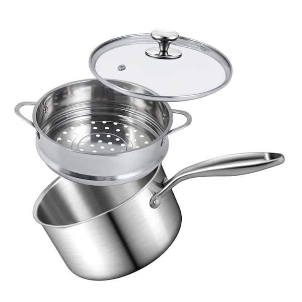 Stainless Steel Steamer Pot, 1.5 qt. Saucepan with Steamer Basket, Tri-ply Construction, 2-Tier for Cooking