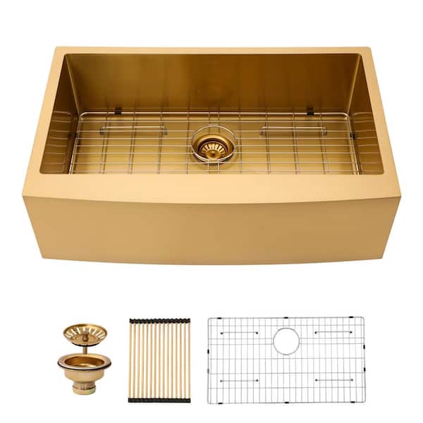 Gold 30 in. Apron-Front Stainless Steel 16-Gauge Single Bowl Farmhouse Kitchen Sink with Bottom Grids