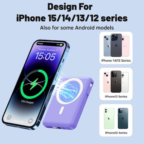 Ultraslim 10000 mAh Magnetic Wireless Portable Charger Power Bank 22.5-Watt Fast Charging with LED Display in Purple Home