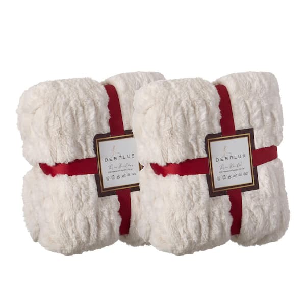 DEERLUX Decorative White Throw Blanket Set of 2 50 in. x 60 in. Rached Faux Fur Cozy Throw Blanket - Decorative Plush Blanket