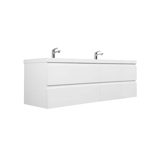 72 in. W Floating Double Sink Bath Vanity in Glossy White with Gloss White Resin Top