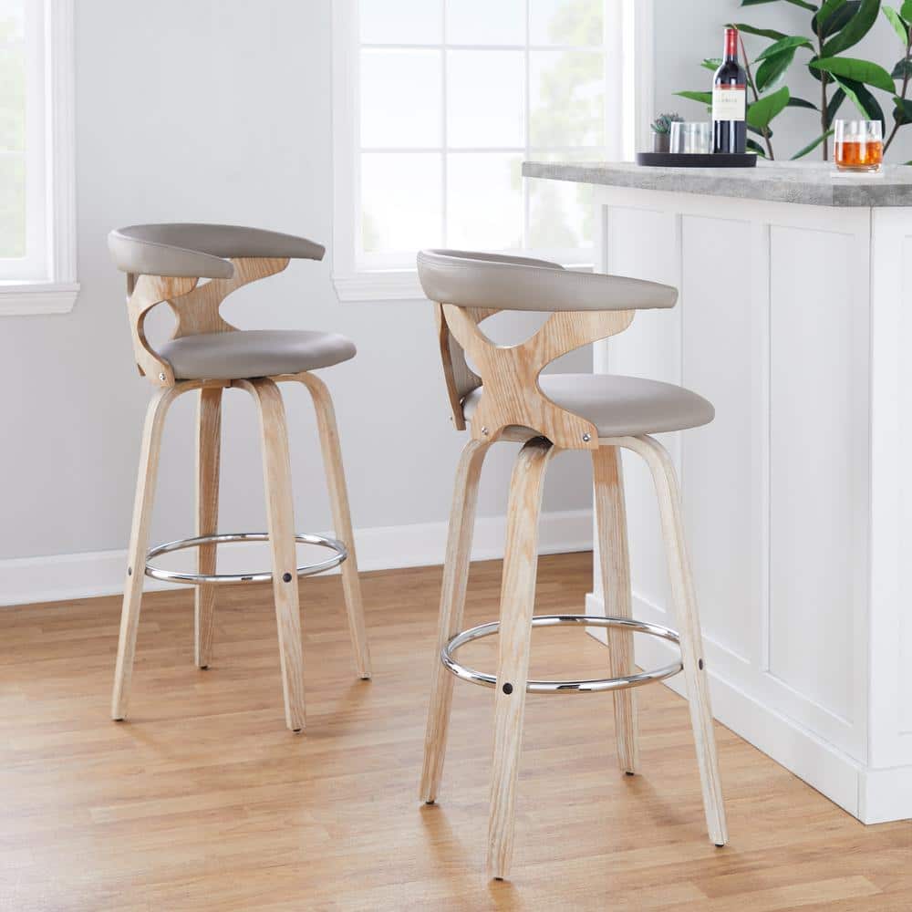 Set of 2 Light Gray Faux Leather and White Washed Wood Swivel Barstools