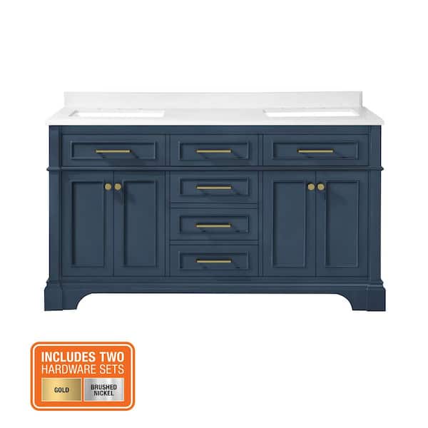 Melpark 60 in. Double Sink Grayish Blue Bath Vanity with White Engineered Marble Top (Assembled)