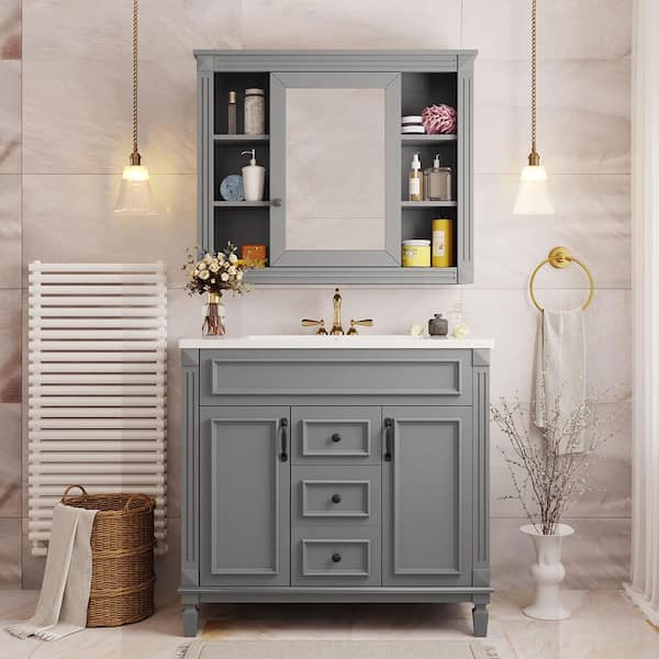 36 in. W x 18 in. D x 33 in. H Single Sink Grey Freestanding Bath Vanity in White Resin Top Sink with Mirror Cabinet