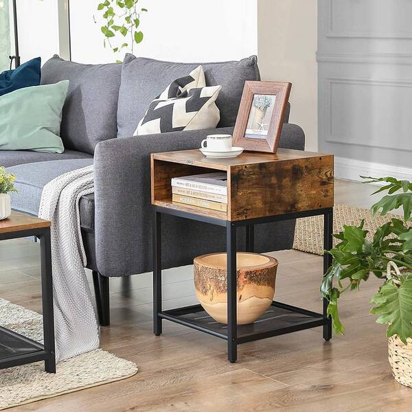 Industrial Style Side Table with 3 Storage Shelves End Table Rustic Brown Metal 