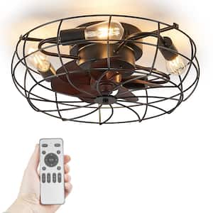 20 in. Indoor 4-Light Black Flush Mount Cage Ceiling Fan with Light and Remote Farmhouse Enclosed Ceiling Fan