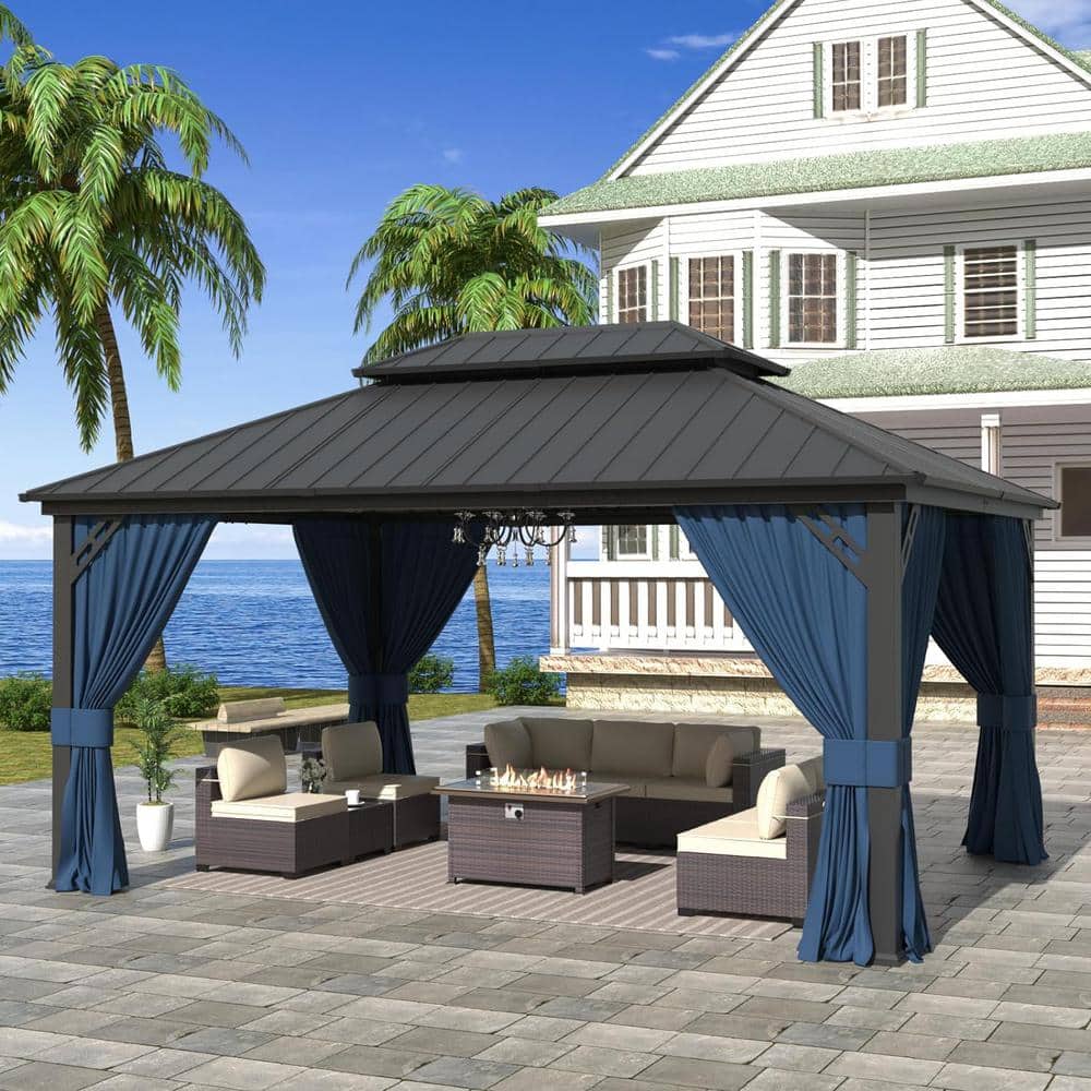 Halmuz 12 ft. x 16 ft. Gray Hardtop Gazebo with Galvanized Steel Double ...