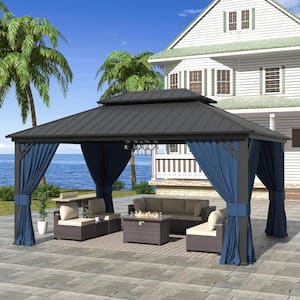 12 ft. x 16 ft. Gray Hardtop Gazebo with Galvanized Steel Double Roof, Mosquito Nettings and Curtain Navy Blue