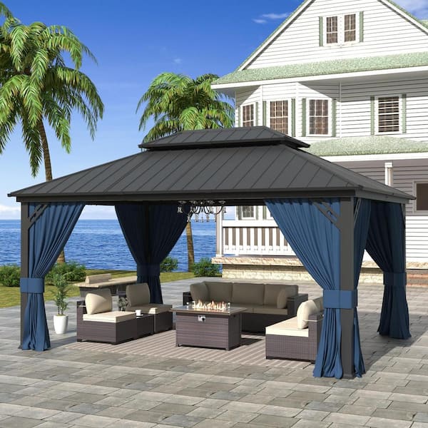 Halmuz 12 ft. x 16 ft. Gray Hardtop Gazebo with Galvanized Steel Double ...