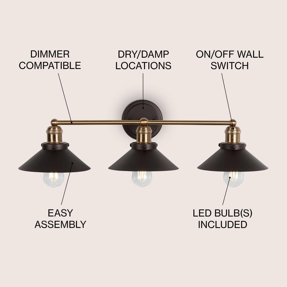 Elegant Oil Rubbed Bronze & Brass 3-Light Vanity Wall Fixture
