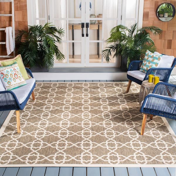 Courtyard Brown/Beige 8 ft. x 8 ft. Square Border Indoor/Outdoor Patio  Area Rug