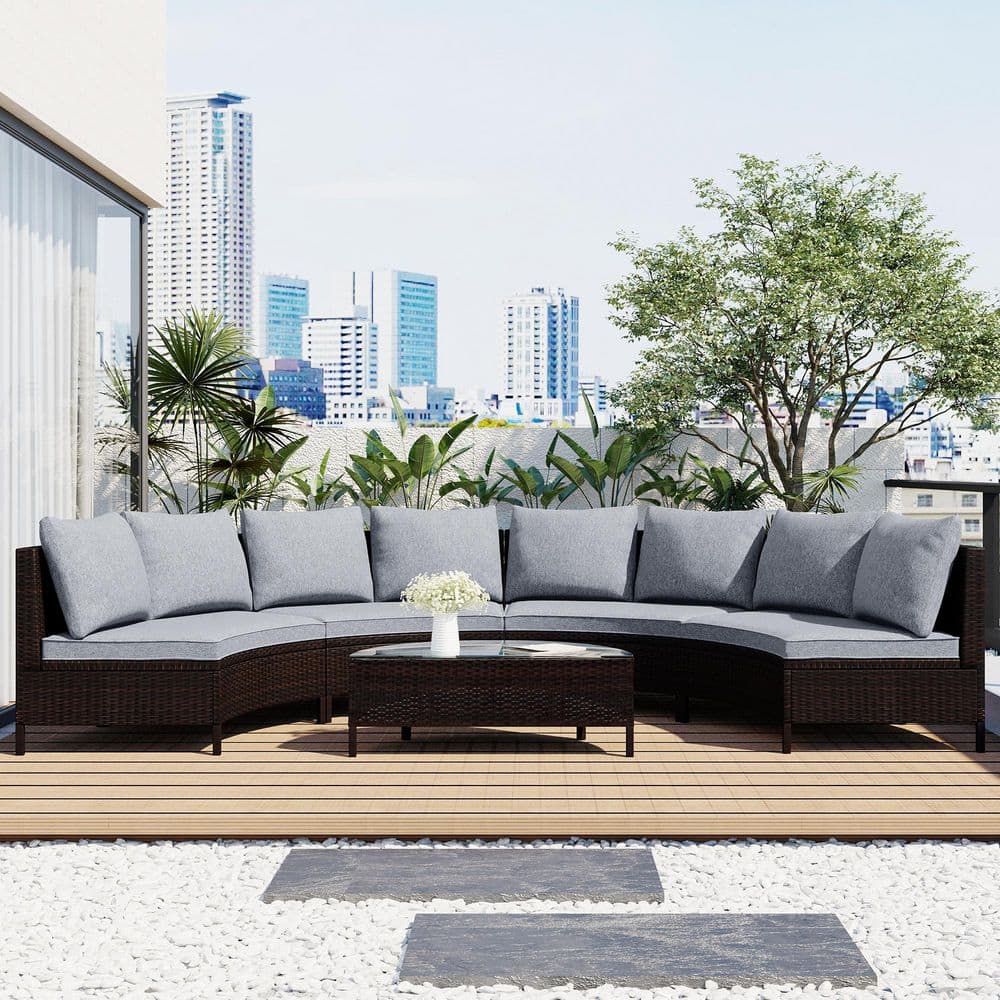 5 Piece Wicker Outdoor Patio Sectional Sofa Set, Half Moon Shape Sofa Set w