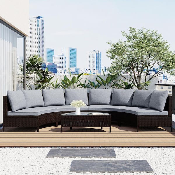 Unbranded 5 Piece Wicker Outdoor Patio Sectional Sofa Set, Half Moon Shape Sofa Set with Tempered Glass Table, Grey Cushions