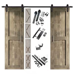 22 in. x 80 in. 5-in-1 Design Classic Gray Double Pine Wood Interior Sliding Barn Door with Hardware Kit, Non-Bypass