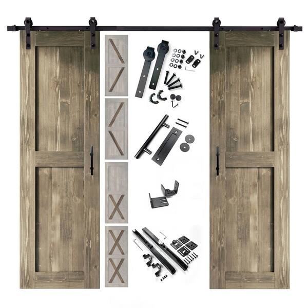 HOMACER 28 in. x 80 in. 5-in-1 Design Classic Gray Double Pine Wood Interior Sliding Barn Door with Hardware Kit, Non-Bypass
